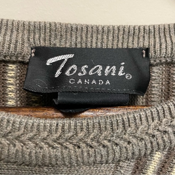 Tosani Canada Vintage 90s Tan Geometric Striped Crewneck Grandpa Sweater Mens XL - Picture 3 of 8